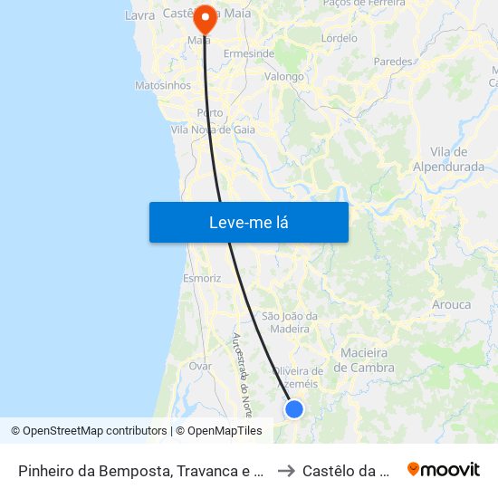 Pinheiro da Bemposta, Travanca e Palmaz to Castêlo da Maia map