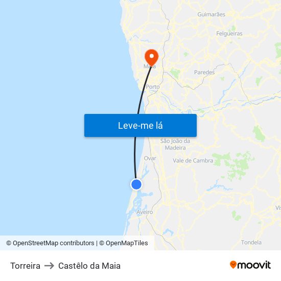 Torreira to Castêlo da Maia map
