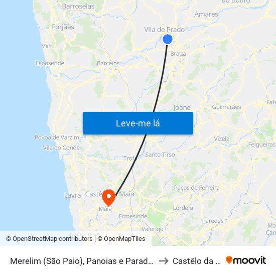 Merelim (São Paio), Panoias e Parada de Tibães to Castêlo da Maia map