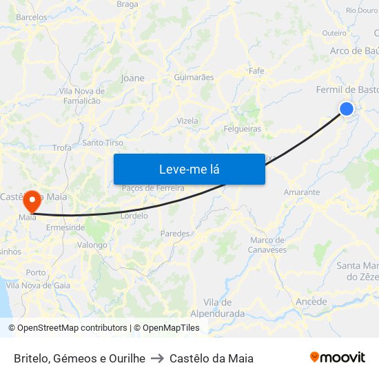 Britelo, Gémeos e Ourilhe to Castêlo da Maia map