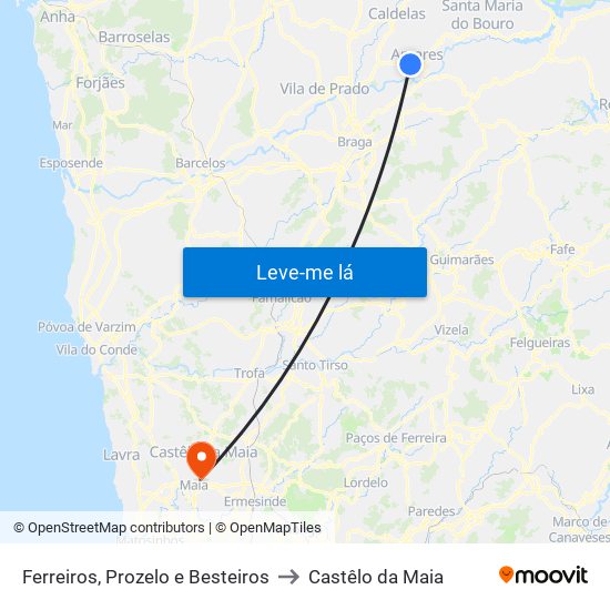 Ferreiros, Prozelo e Besteiros to Castêlo da Maia map