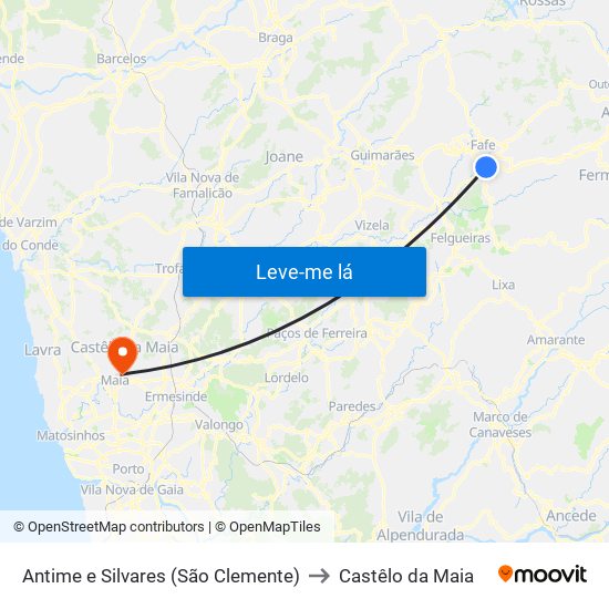 Antime e Silvares (São Clemente) to Castêlo da Maia map