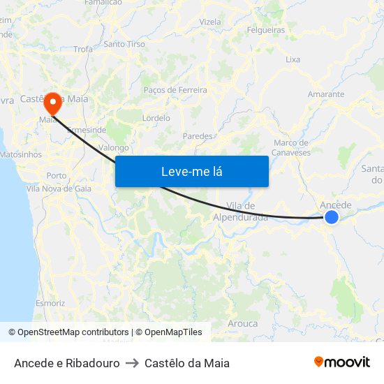 Ancede e Ribadouro to Castêlo da Maia map