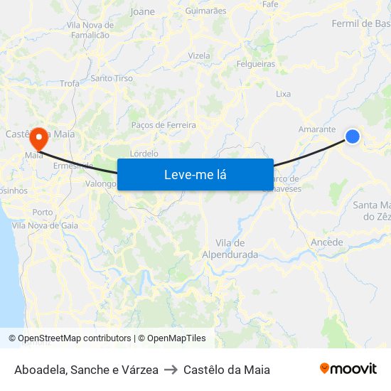 Aboadela, Sanche e Várzea to Castêlo da Maia map