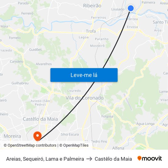 Areias, Sequeiró, Lama e Palmeira to Castêlo da Maia map