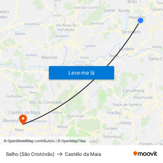 Selho (São Cristóvão) to Castêlo da Maia map