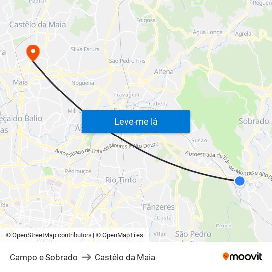 Campo e Sobrado to Castêlo da Maia map