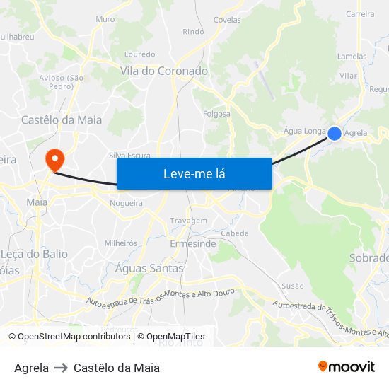 Agrela to Castêlo da Maia map