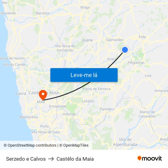 Serzedo e Calvos to Castêlo da Maia map