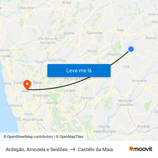 Ardegão, Arnozela e Seidões to Castêlo da Maia map