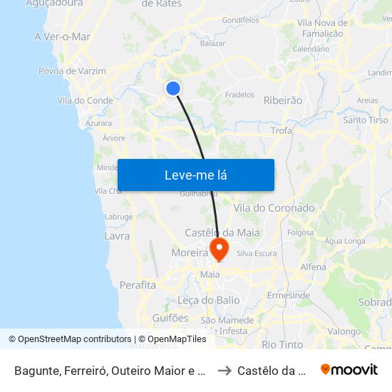 Bagunte, Ferreiró, Outeiro Maior e Parada to Castêlo da Maia map