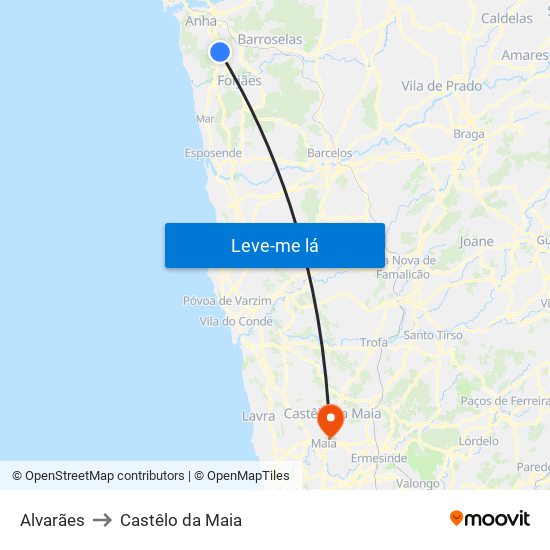 Alvarães to Castêlo da Maia map