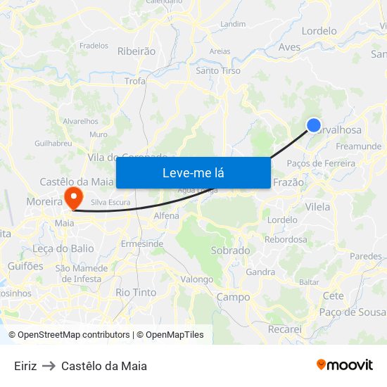 Eiriz to Castêlo da Maia map