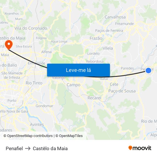 Penafiel to Castêlo da Maia map