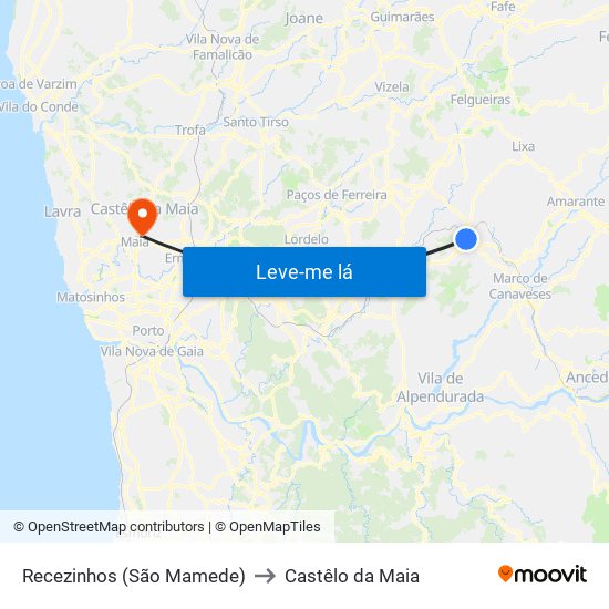 Recezinhos (São Mamede) to Castêlo da Maia map