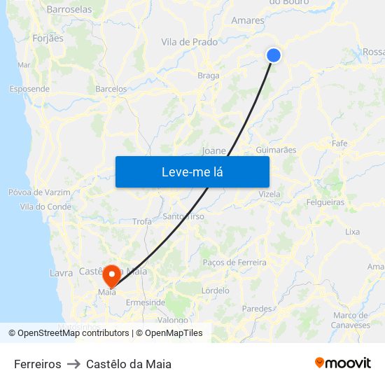 Ferreiros to Castêlo da Maia map