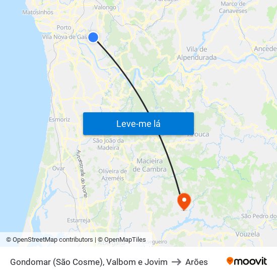 Gondomar (São Cosme), Valbom e Jovim to Arões map