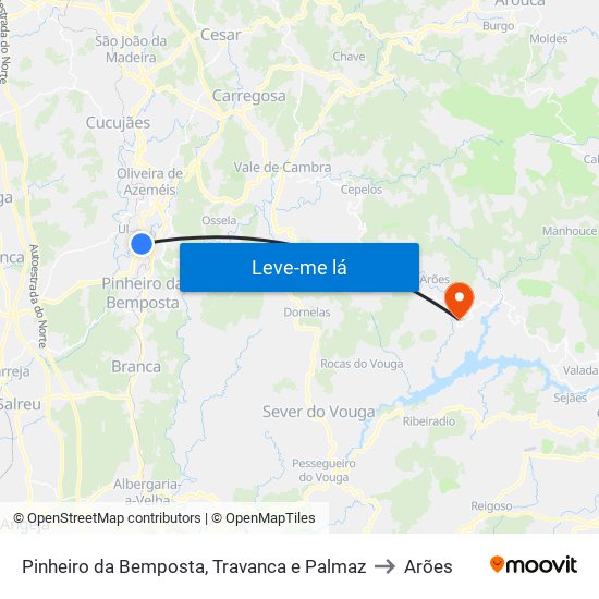 Pinheiro da Bemposta, Travanca e Palmaz to Arões map