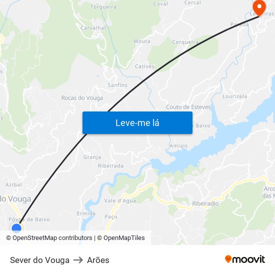 Sever do Vouga to Arões map