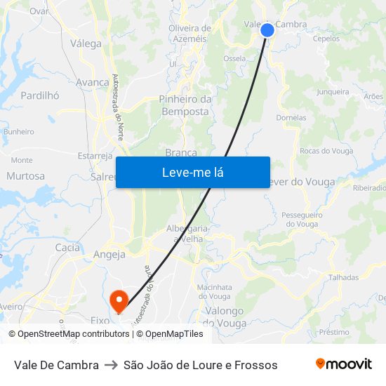 Vale De Cambra to São João de Loure e Frossos map