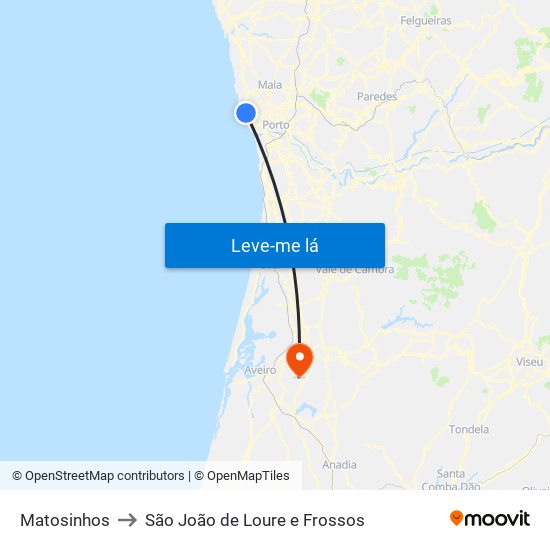 Matosinhos to São João de Loure e Frossos map