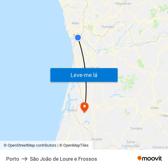 Porto to São João de Loure e Frossos map