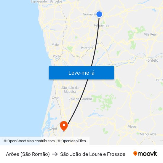 Arões (São Romão) to São João de Loure e Frossos map
