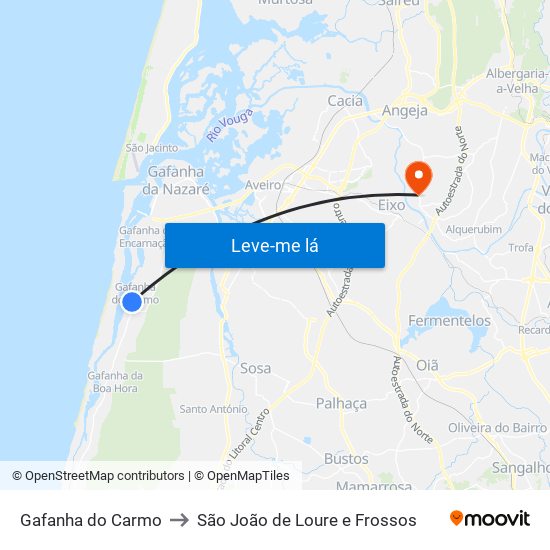 Gafanha do Carmo to São João de Loure e Frossos map