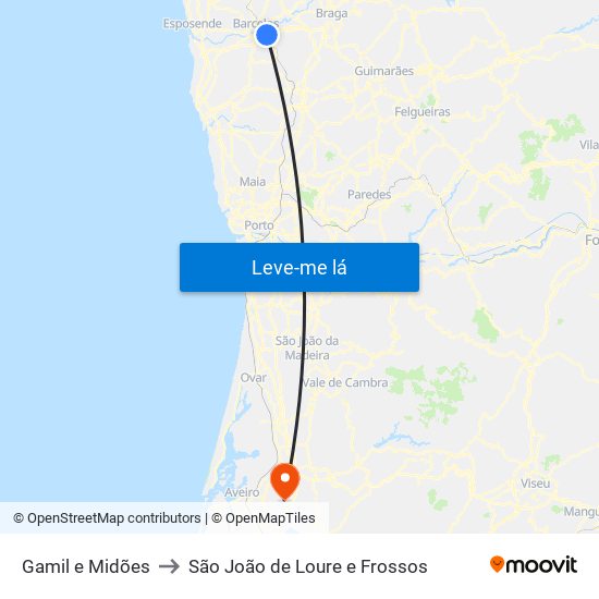 Gamil e Midões to São João de Loure e Frossos map