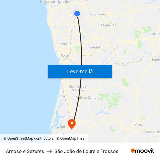 Arnoso e Sezures to São João de Loure e Frossos map