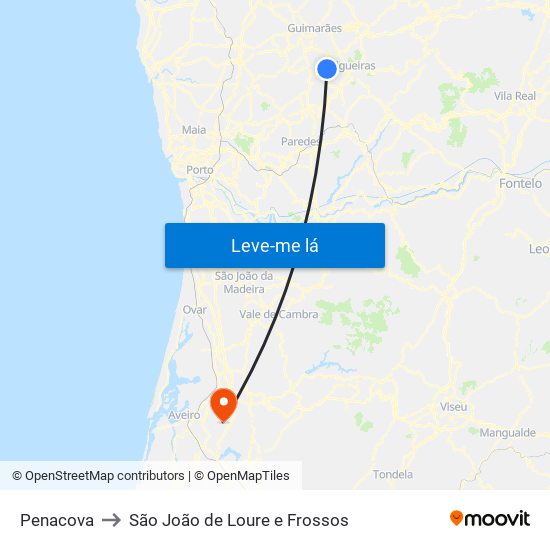 Penacova to São João de Loure e Frossos map