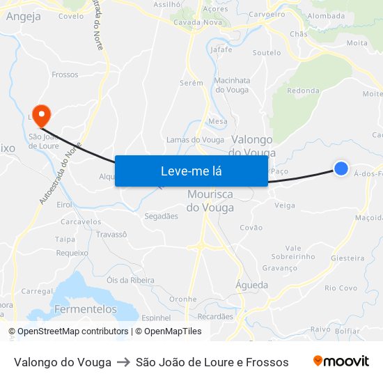 Valongo do Vouga to São João de Loure e Frossos map