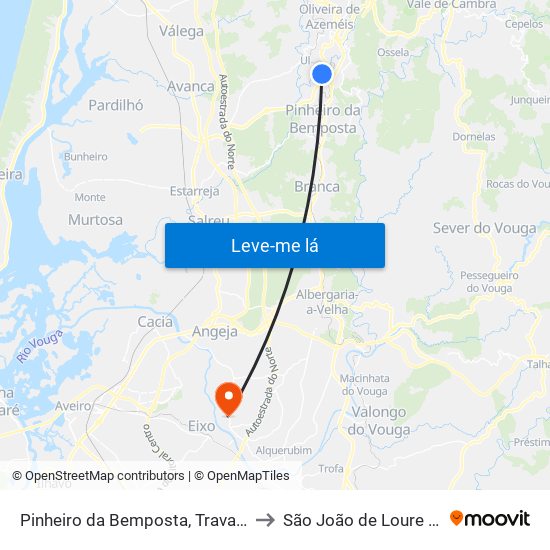 Pinheiro da Bemposta, Travanca e Palmaz to São João de Loure e Frossos map