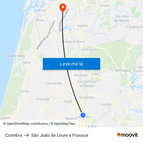 Coimbra to São João de Loure e Frossos map