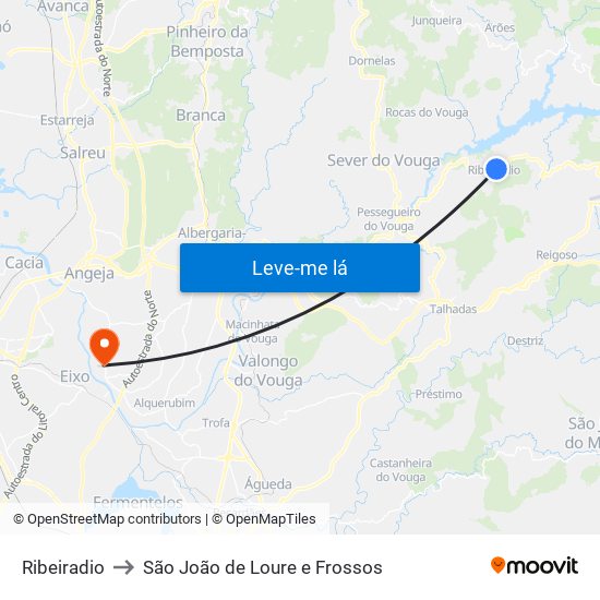 Ribeiradio to São João de Loure e Frossos map