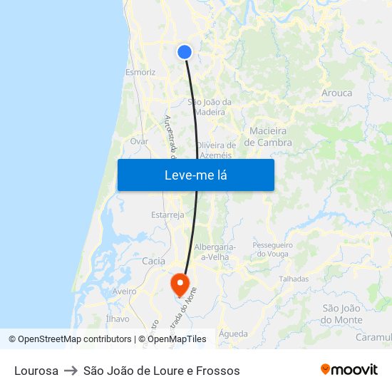 Lourosa to São João de Loure e Frossos map