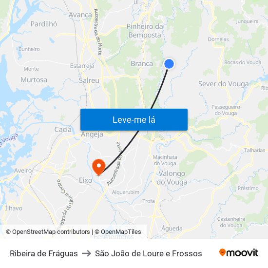 Ribeira de Fráguas to São João de Loure e Frossos map