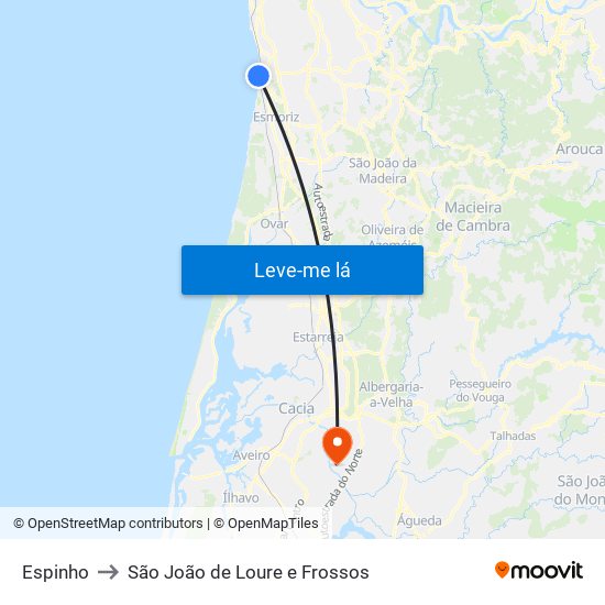 Espinho to São João de Loure e Frossos map