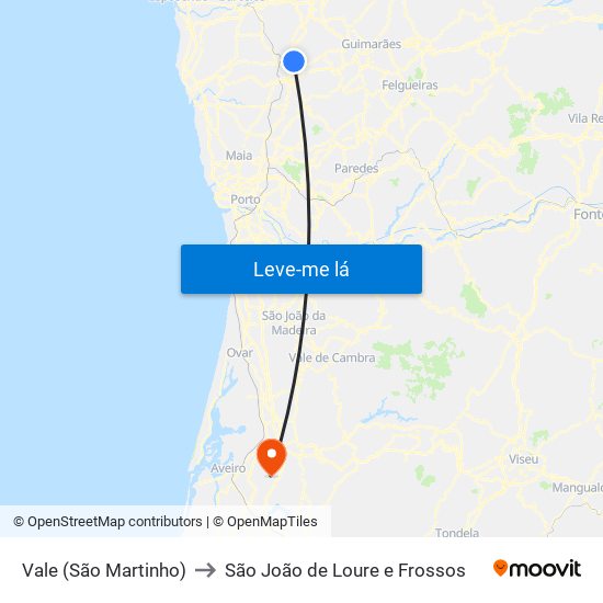 Vale (São Martinho) to São João de Loure e Frossos map