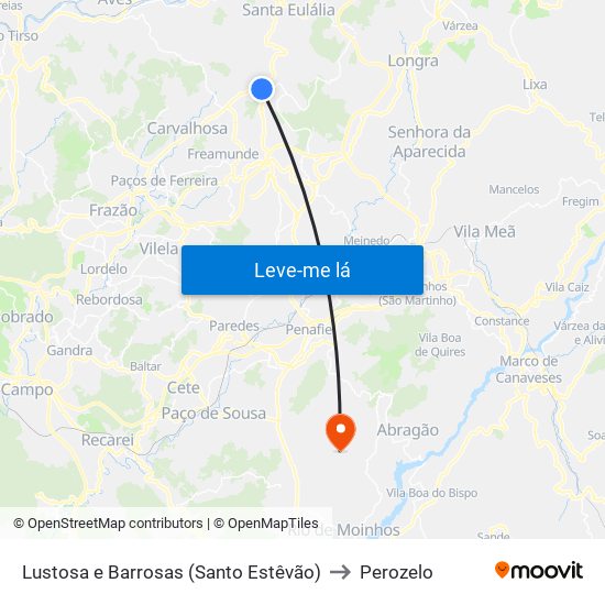 Lustosa e Barrosas (Santo Estêvão) to Perozelo map