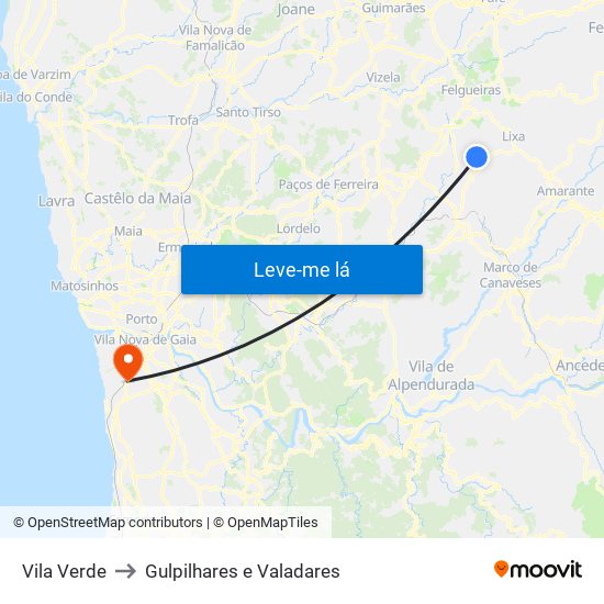 Vila Verde to Gulpilhares e Valadares map