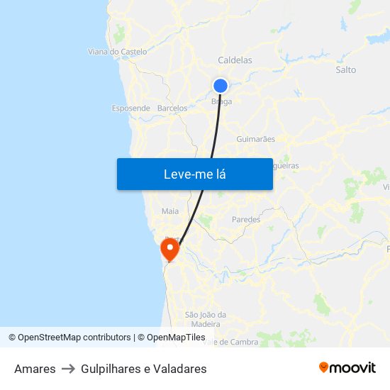 Amares to Gulpilhares e Valadares map