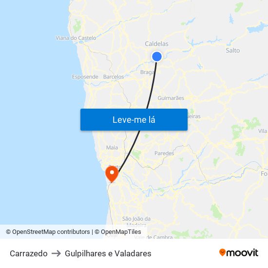 Carrazedo to Gulpilhares e Valadares map