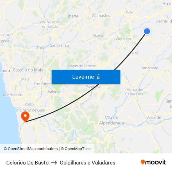 Celorico De Basto to Gulpilhares e Valadares map