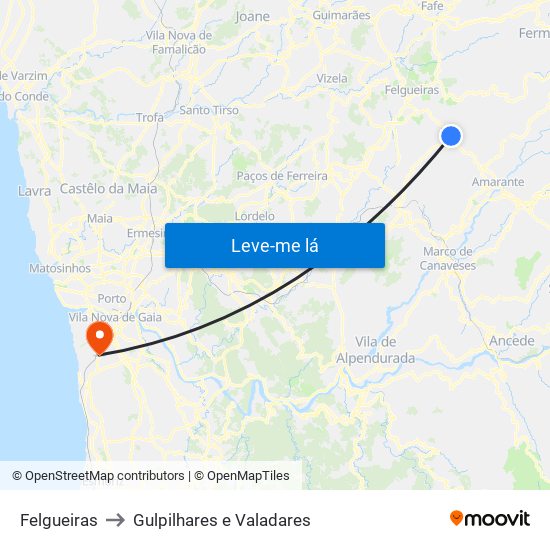 Felgueiras to Gulpilhares e Valadares map