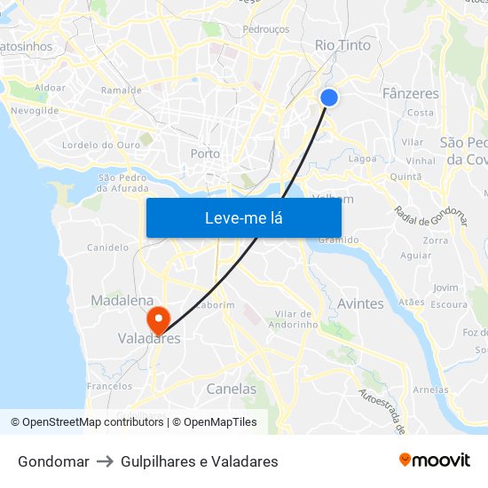 Gondomar to Gulpilhares e Valadares map