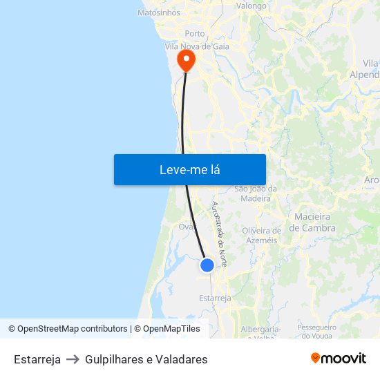 Estarreja to Gulpilhares e Valadares map