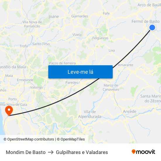 Mondim De Basto to Gulpilhares e Valadares map