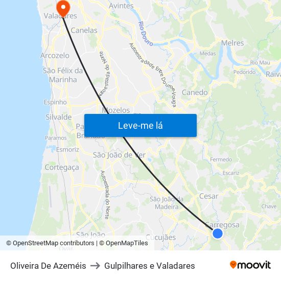 Oliveira De Azeméis to Gulpilhares e Valadares map