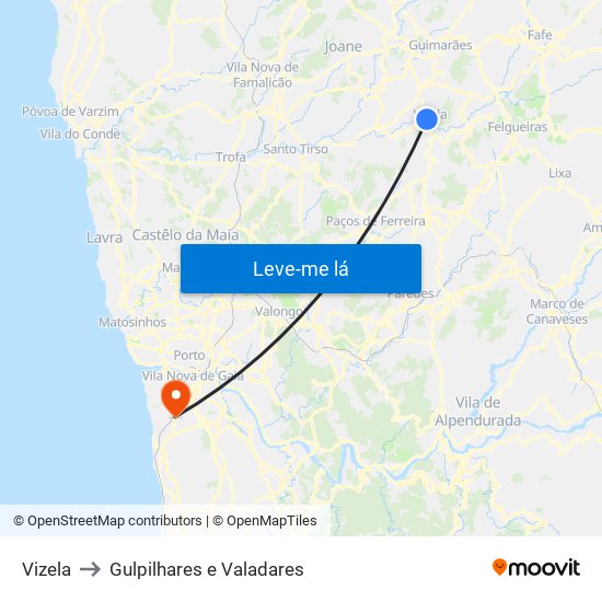 Vizela to Gulpilhares e Valadares map